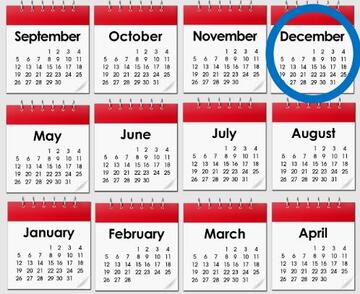 A year of calendar months. December is circled in blue.