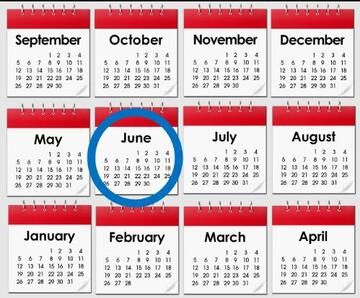 A year of calendar months. June is circled in blue.