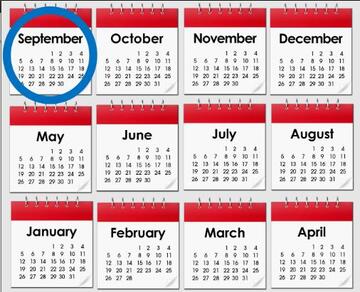 A year of calendar months. September is circled in blue.