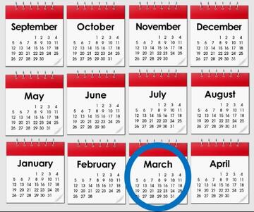 A year of calendar months. March is circled in blue.