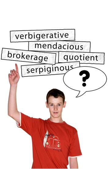 A photograph of a young man asking a question and above him are some difficult words like mendacious