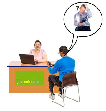 A man is sitting at a Jobcentreplus desk talking to a woman who works there telling her he finds something difficult.