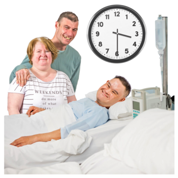 A man and woman visiting a man in hospital bed next to a clock