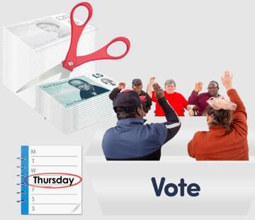 A group of people raising their hands, scissors cutting money in half and a diary page with Thursday highlighted