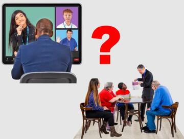 An online meeting and a meeting in person around a table.