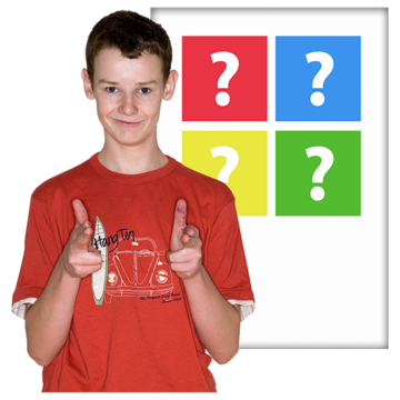 A young man pointing at the camera with a picture of four question marks behind him