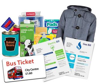food, a coat, a bus ticket, a gas bill and an electric bill.