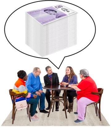 A group of people talking about money.