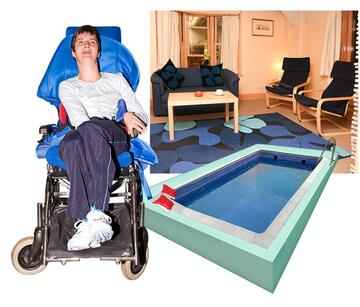 A lady in a wheelchair, a lounge and a swimming pool.