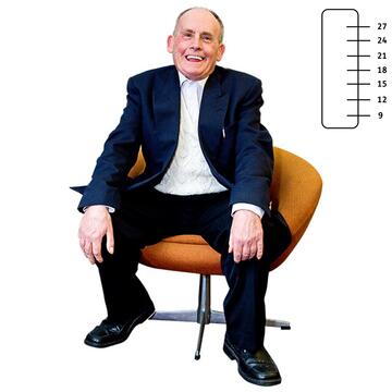 A man sitting on a chair with a thermometer on the wall behind him.