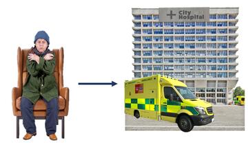 A man sitting on a chair feeling cold with a blue arrow pointing towards an ambulance and a hospital.
