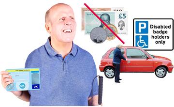 A man holding a Blue Badge.  Behind him is a person getting out of a car, a disabled parking space sign and some money with a red line through it.