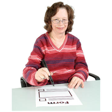 A lady filling in a form.