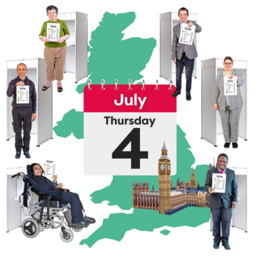 A map of the UK with people voting around it and a calendar which says Thursday July 4