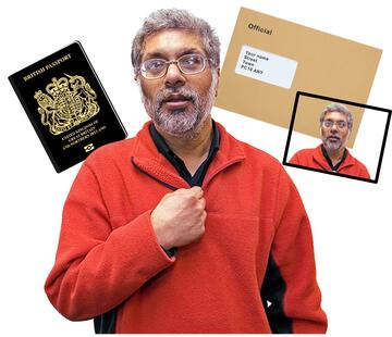 A man pointing to himself.  Behind him is a passport, a letter and a photo.
