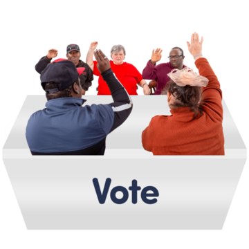 A group of people sitting around a table raising their hands. Underneath is text that reads "Vote."