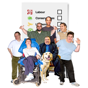 A group of people standing in front of a graphic of a voting ballot paper
