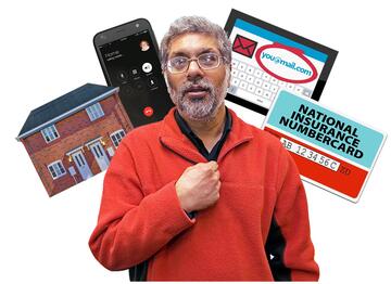 A man pointing to himself.  Behind him is a house, a phone, a tablet with an email address and a National Insurance card.