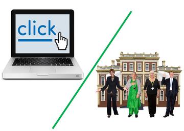 A laptop with the word click on the screen and a group of people in front of a building.
