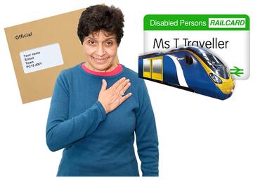 A lady pointing to herself with an official letter and a disabled persons railcard.