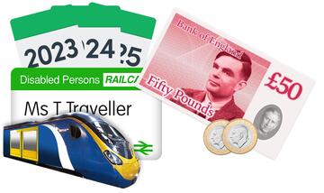 A disabled persons railcard with 3 year calendars behind it, a fifty pound note and two 2 pound coins.