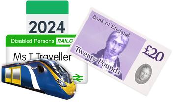 A disabled persons railcard with a calendar for 2024 and a twenty pound note.