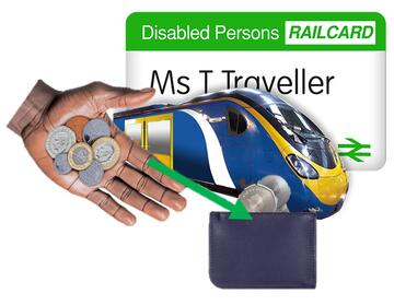 A disabled persons railcard and a hand putting money into a purse.