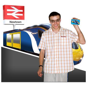A man standing beside a train with his railcard.