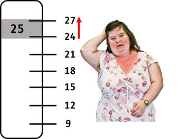 A thermometer showing 25 degrees and an arrow pointing up from 24 degrees with a lady looking too hot.