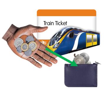 A train ticket and a hand putting money into a purse.