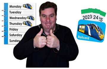 A man smiling with his thumbs up.  Behind him is a diary with trains on several days and a railcard with 3 calendar years.