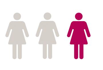 The outlines of 3 females, 2 in grey and 1 highlighted in pink.