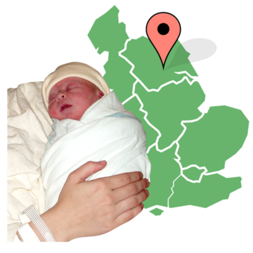 A baby next to a map of the UK with a pin in the North East