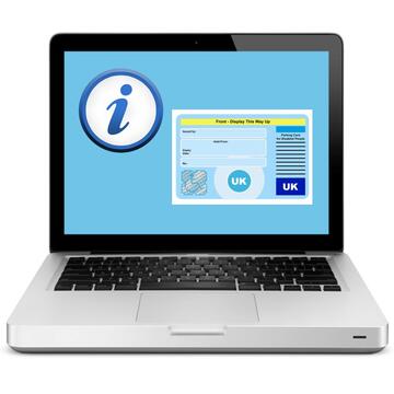 A laptop screen showing an information sign and a Blue Badge.