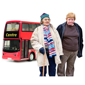 2 people walking away from a bus.