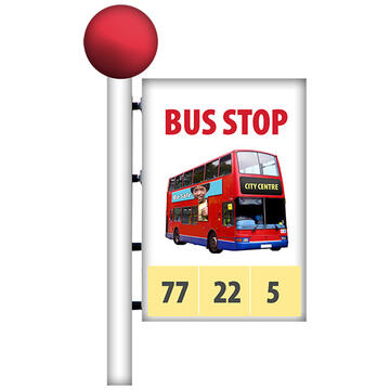 A bus stop sign with a picture of a bus and some bus numbers.