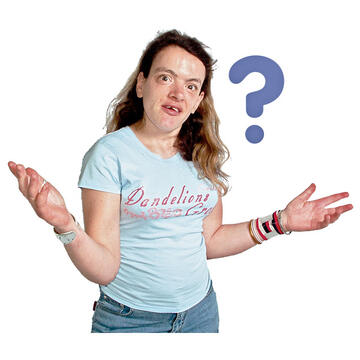A lady shrugging her shoulders with a question mark beside her.