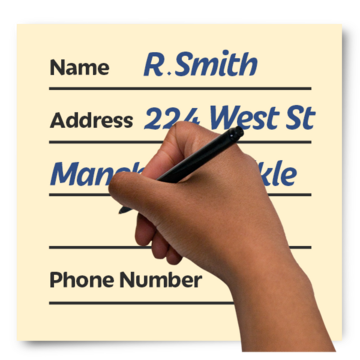 A hand holding a pen filling out a form, with the name and address filled in