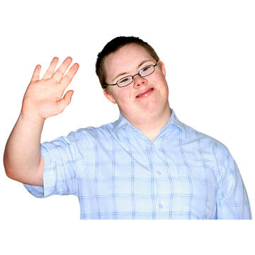 A man with Down syndrome waving hello.