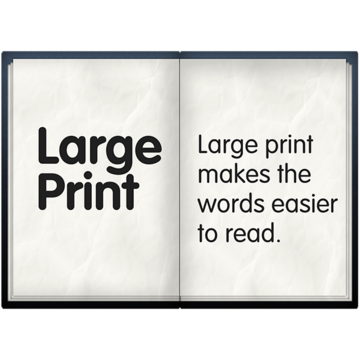 An open book with the words Large Print on one page and 'Large print makes the words easier to read' on the other page