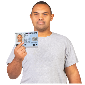 A man holding a PASS proof of age ID card