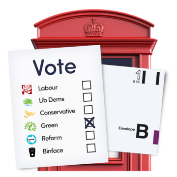 A voting paper with an envelope in front of a red postbox
