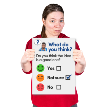 A woman holding up a completed questionnaire with the box 'Not sure' ticked