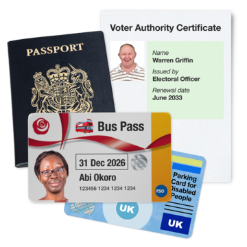 Different types of photo ID including a passport, bus pass, and a voter authority certificate
