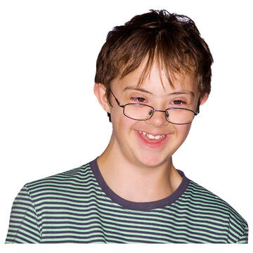 A boy wearing glasses and smiling.