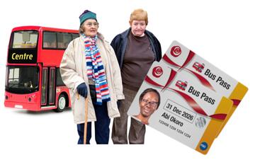 Two ladies walking away from a bus with 2 bus passes.