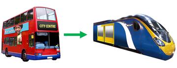 A bus with an arrow pointing to a train.