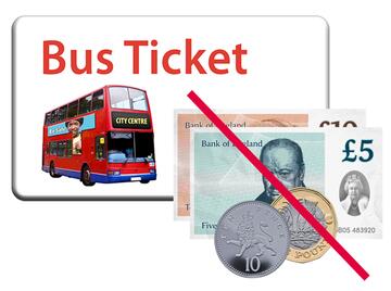 A bus ticket and a red line through some money.