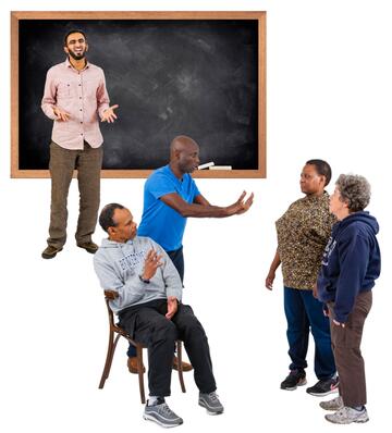 2 people being stopped from going to a lesson where a man is talking in front of a blackboard.