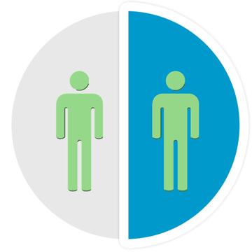 A circle with the outline of 2 people in it.  Half of the circle is shaded grey and the other half is shaded blue.